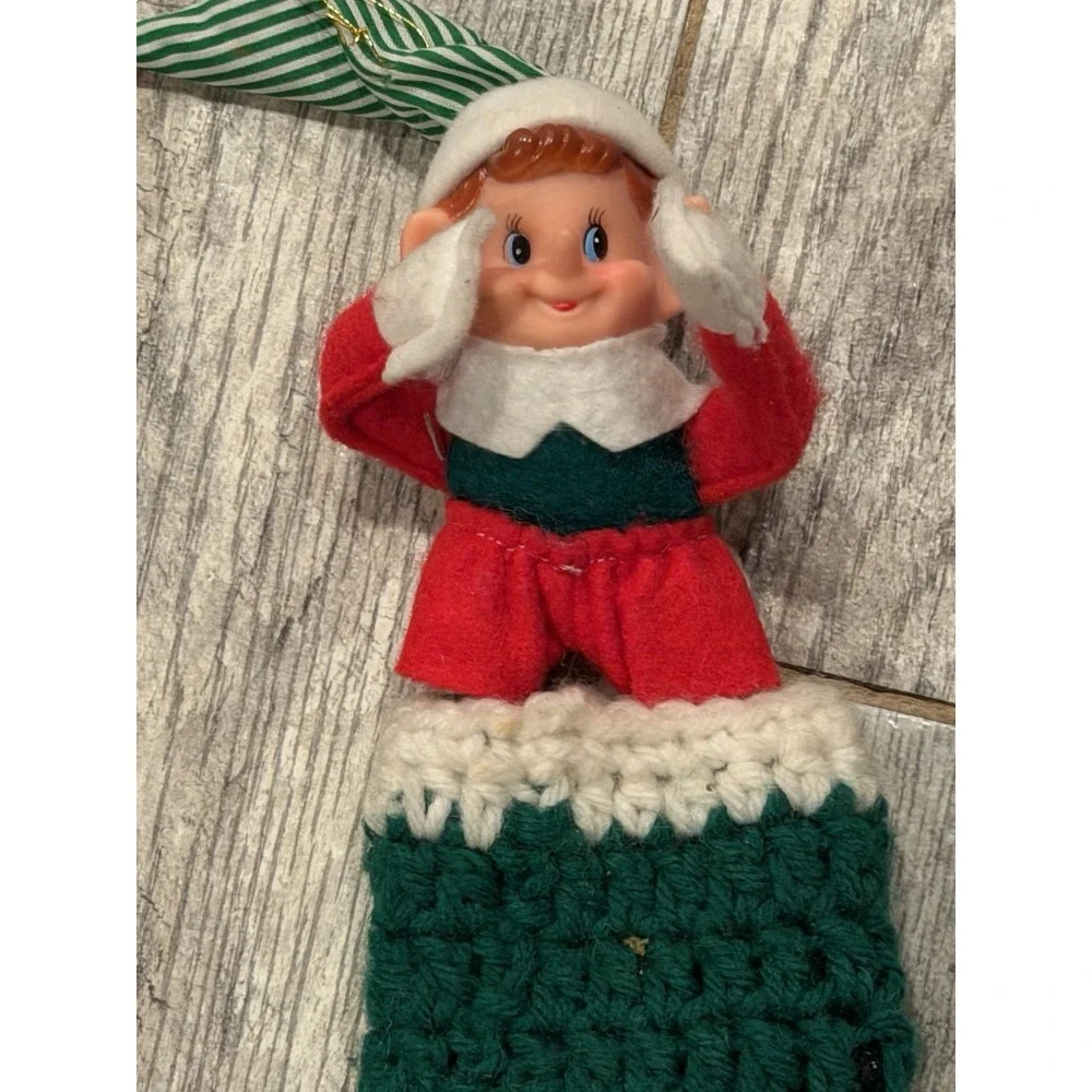 Vintage Pixie Santa Elf Knee Hugger Crochet Stocking Christmas Kitschy Rubber